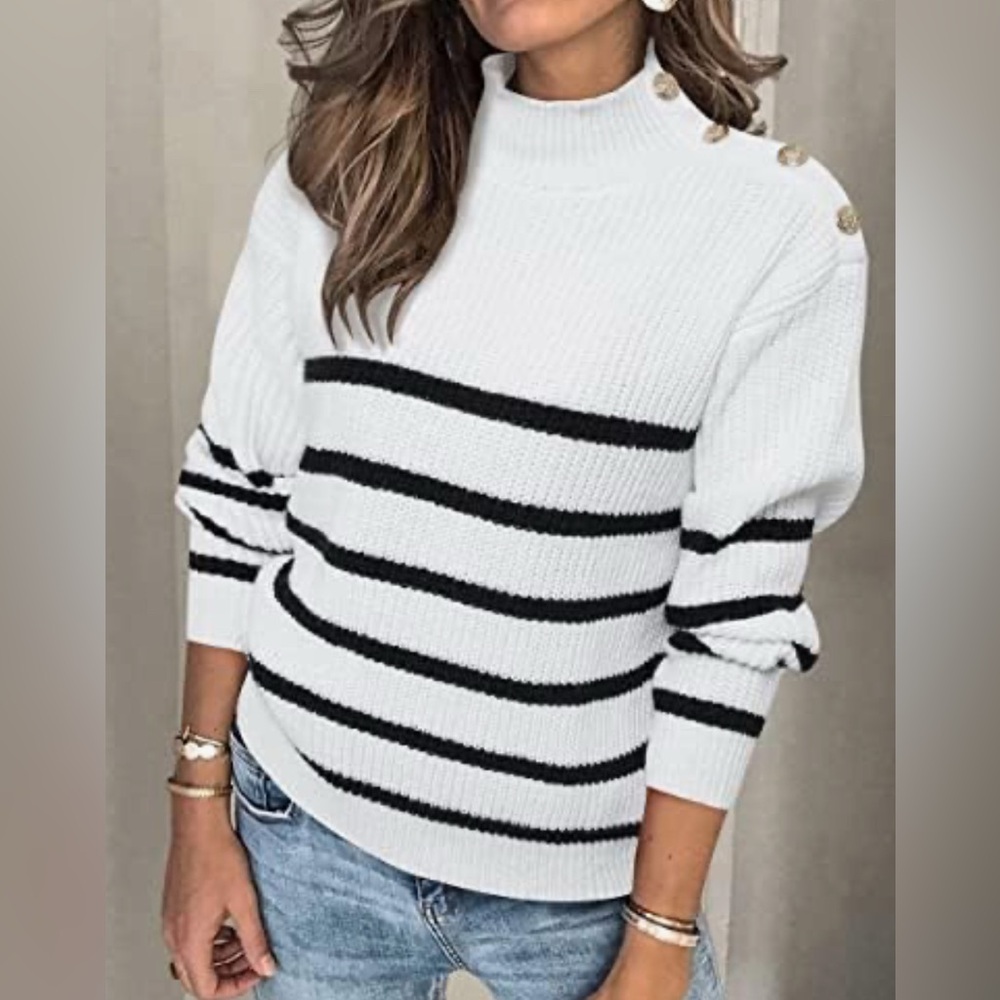 Lanisen Women's Casual Pullover Cowl Neck Waffle Knitted Striped Sweater